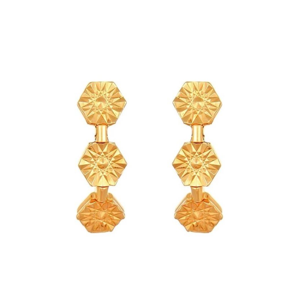 Solid 22K/18K/14K Fine Gold Certified Stamped Three Octagon Carved Design Earring