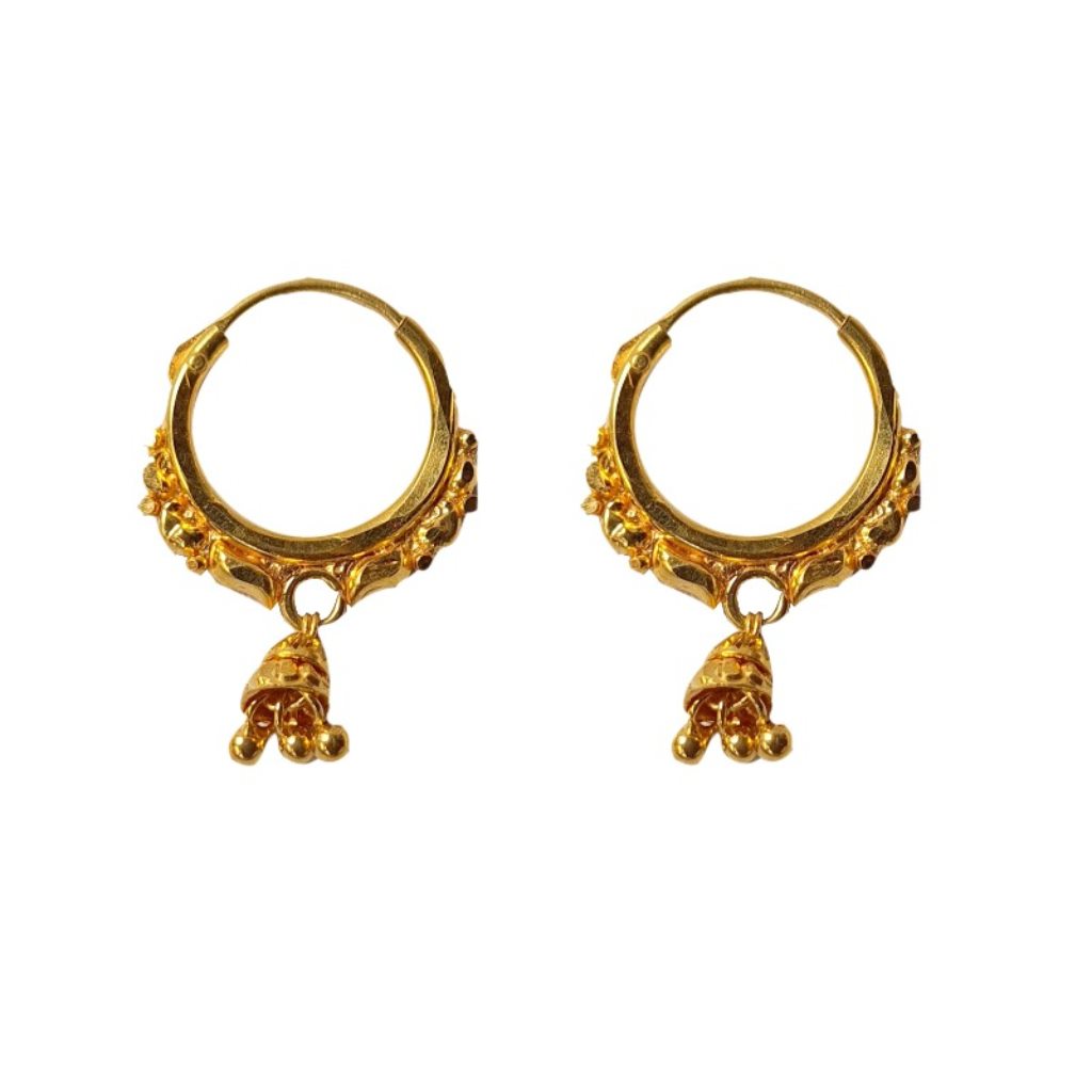 Solid 22K/18K/14K Fine Gold Certified Stamped Hanged Bell Design Hoop Earring