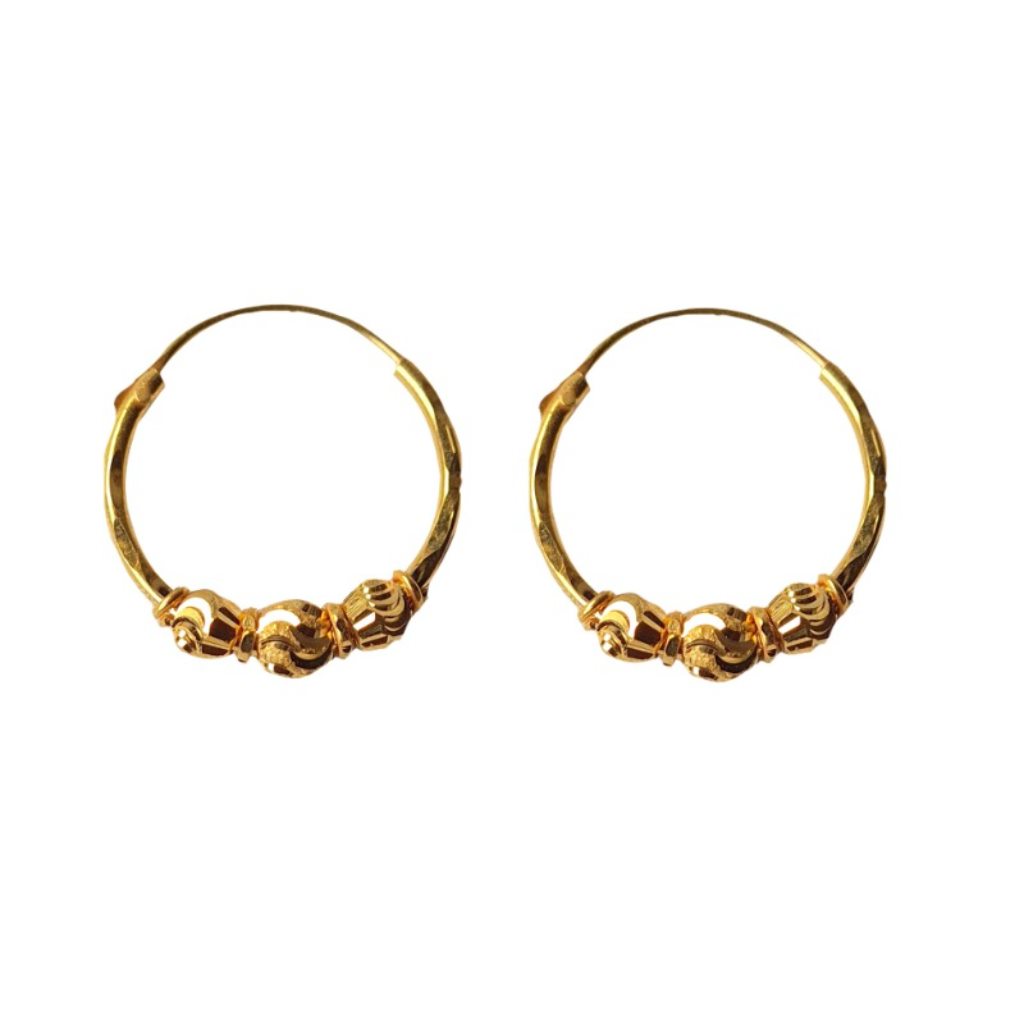 Solid 22K/18K/14K Fine Gold Certified Stamped Triple Bead Design Hoop Earring