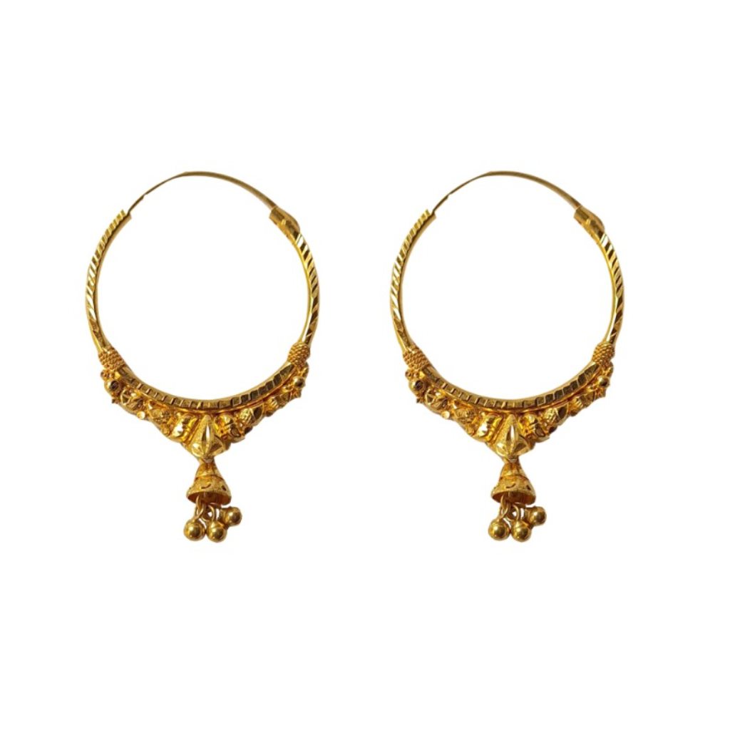 Solid 22K/18K/14K Fine Gold Certified Stamped Carved Bell Design Hoop Earring