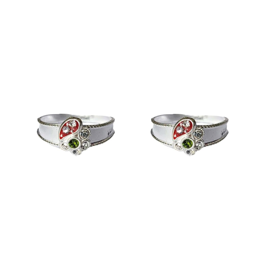 Solid 925 Sterling Silver Multi-Colour Design Toe Ring Pair For Women