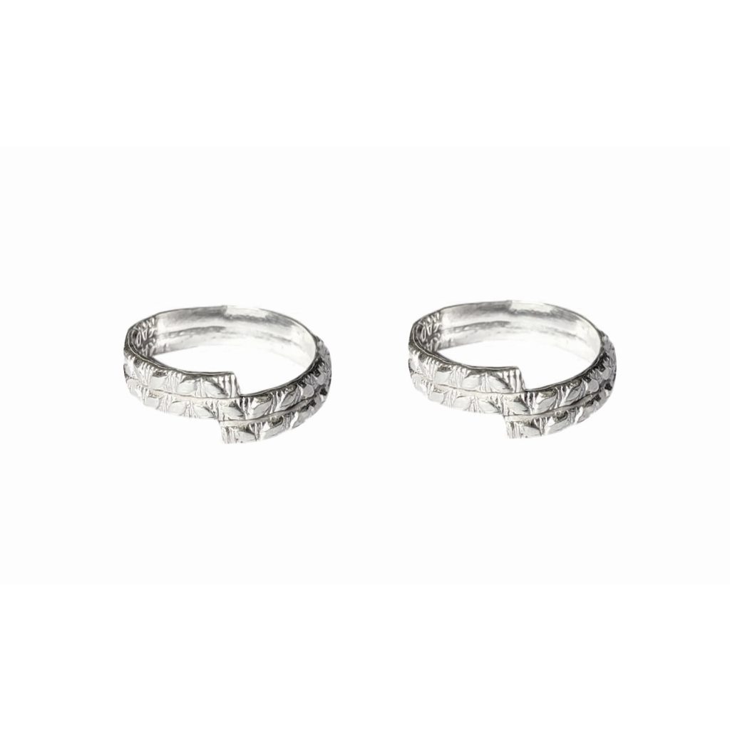 Solid 925 Sterling Silver Carved Two Layer Design Toe Ring Pair For Women