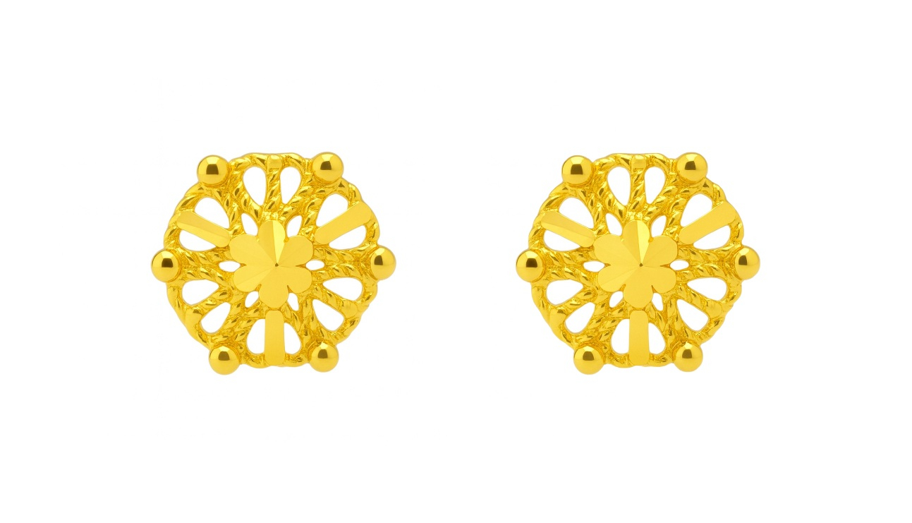 BIS Certified Real 18K Yellow Fine Gold Floral Stud Earrings For Women