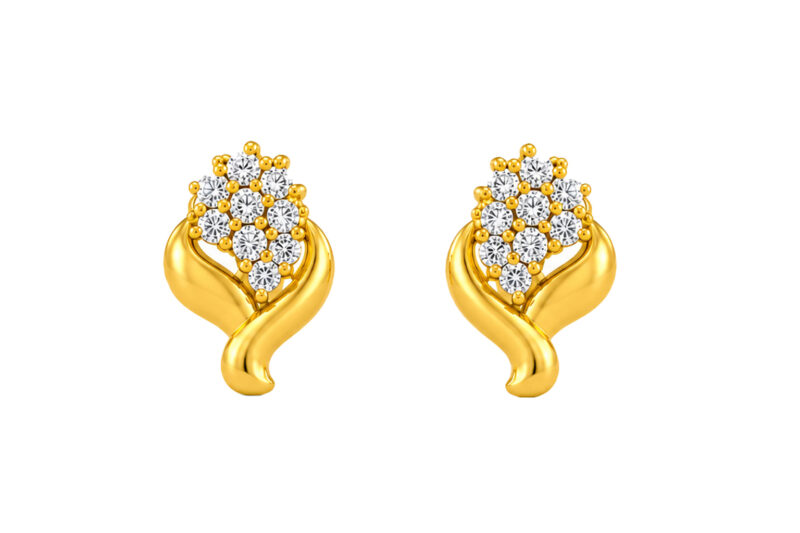 BIS Certified Real 18K Yellow Fine Gold Leaf CZ Stud Earrings For Women
