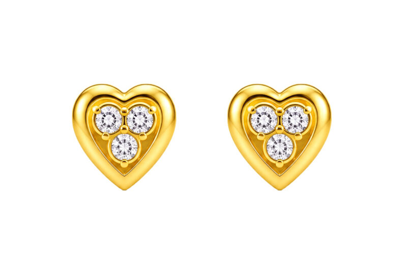 BIS Certified Real 18K Yellow Fine Gold Heart CZ Stud Earrings For Women