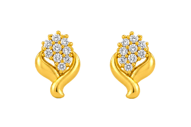 BIS Certified Real 18K Yellow Fine Gold Leaf CZ Stud Earrings For Women