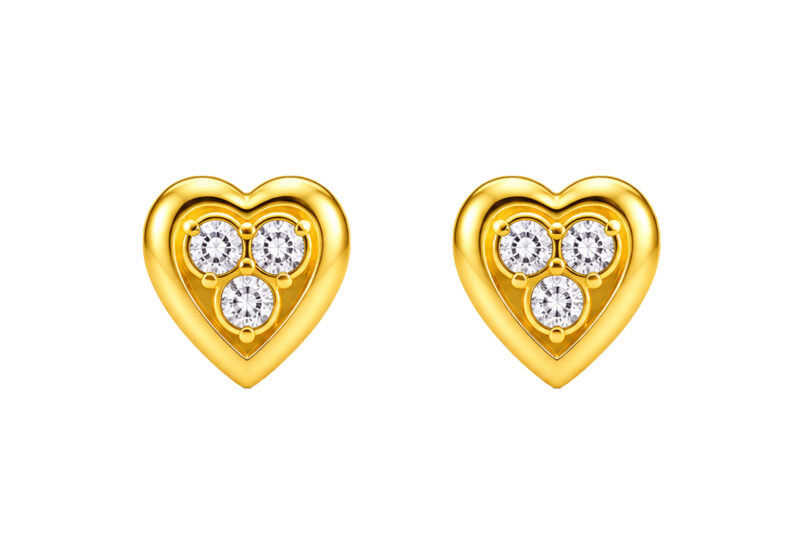 BIS Certified Real 18K Yellow Fine Gold Heart CZ Stud Earrings For Women